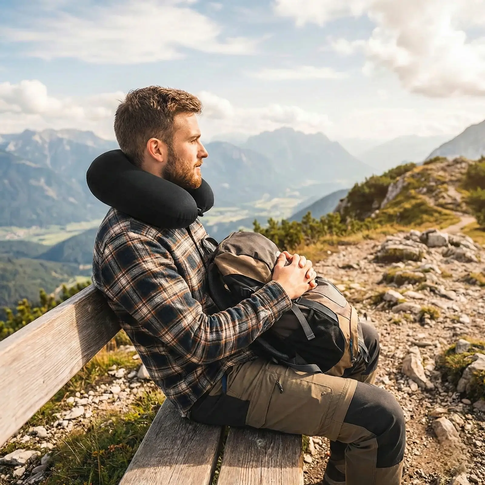 Mężczyzna z poduszką podczas trekkingu w górach