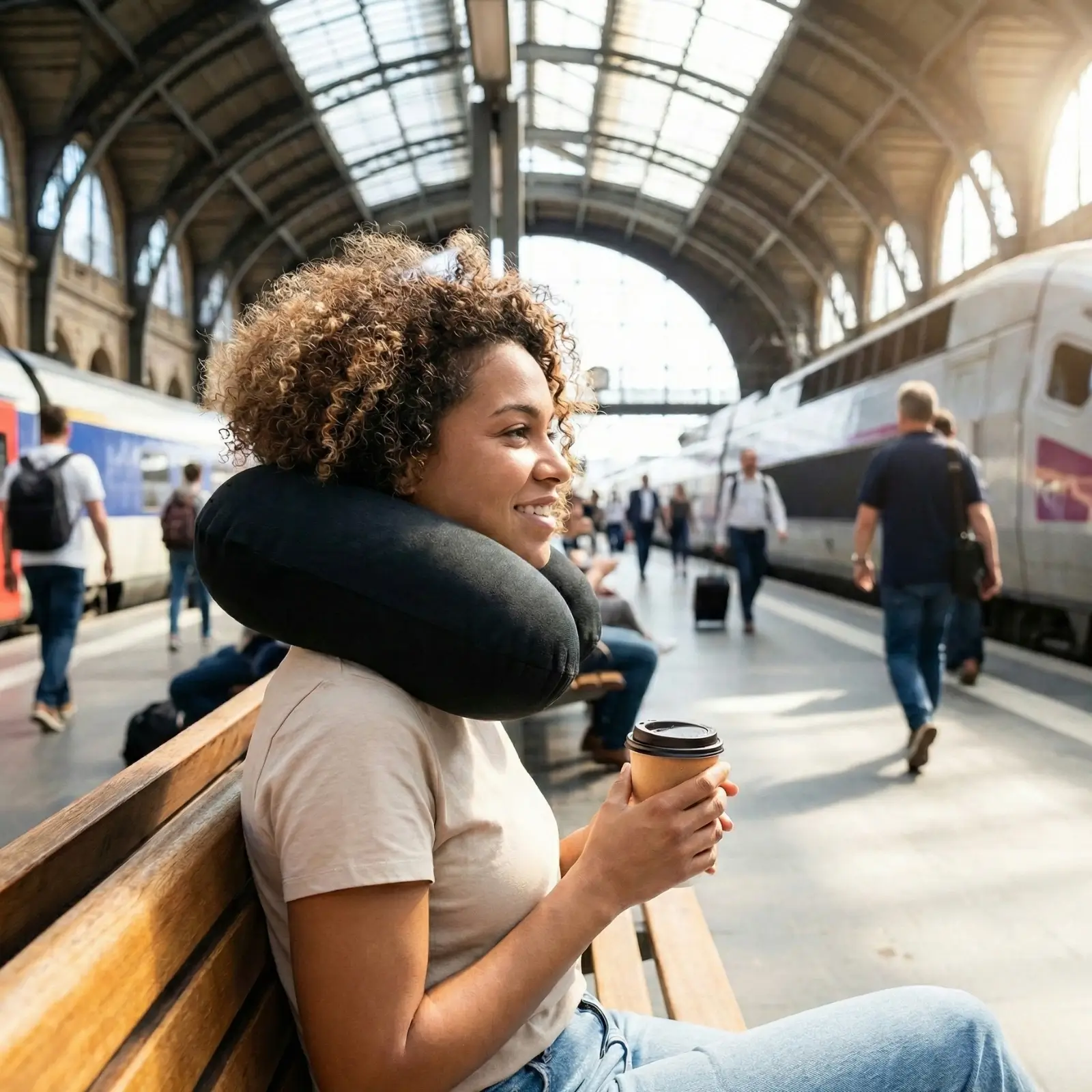 Kobieta z poduszką PackPillow na dworcu kolejowym